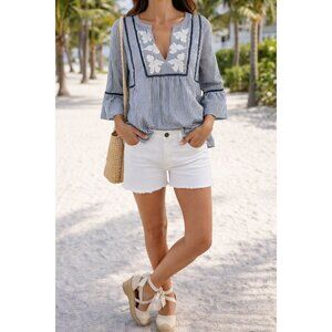 GAP XS Striped Boho Peasant Blouse Embroidered 100% Cotton Top Coastal Chic